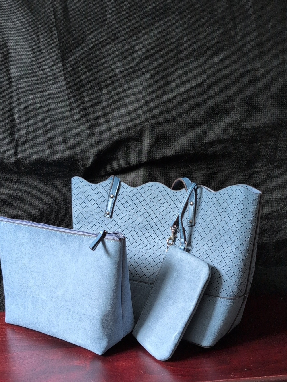 NWOT 3 Pieces Light Blue Tote Bag with Pouch and Wristlet